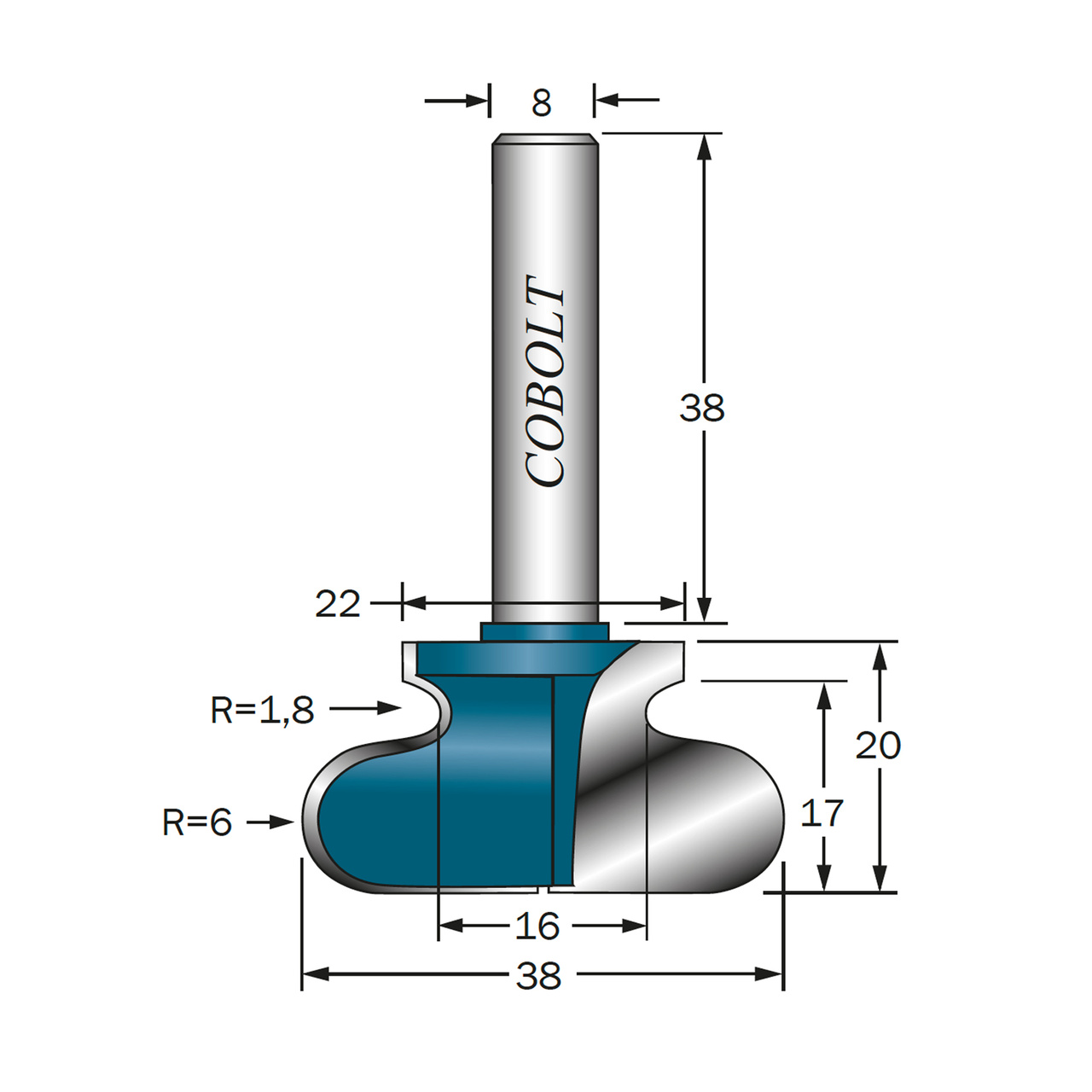 FINGERGREPPSFRÄS D=38 R=6/1.6 L=20 S=8